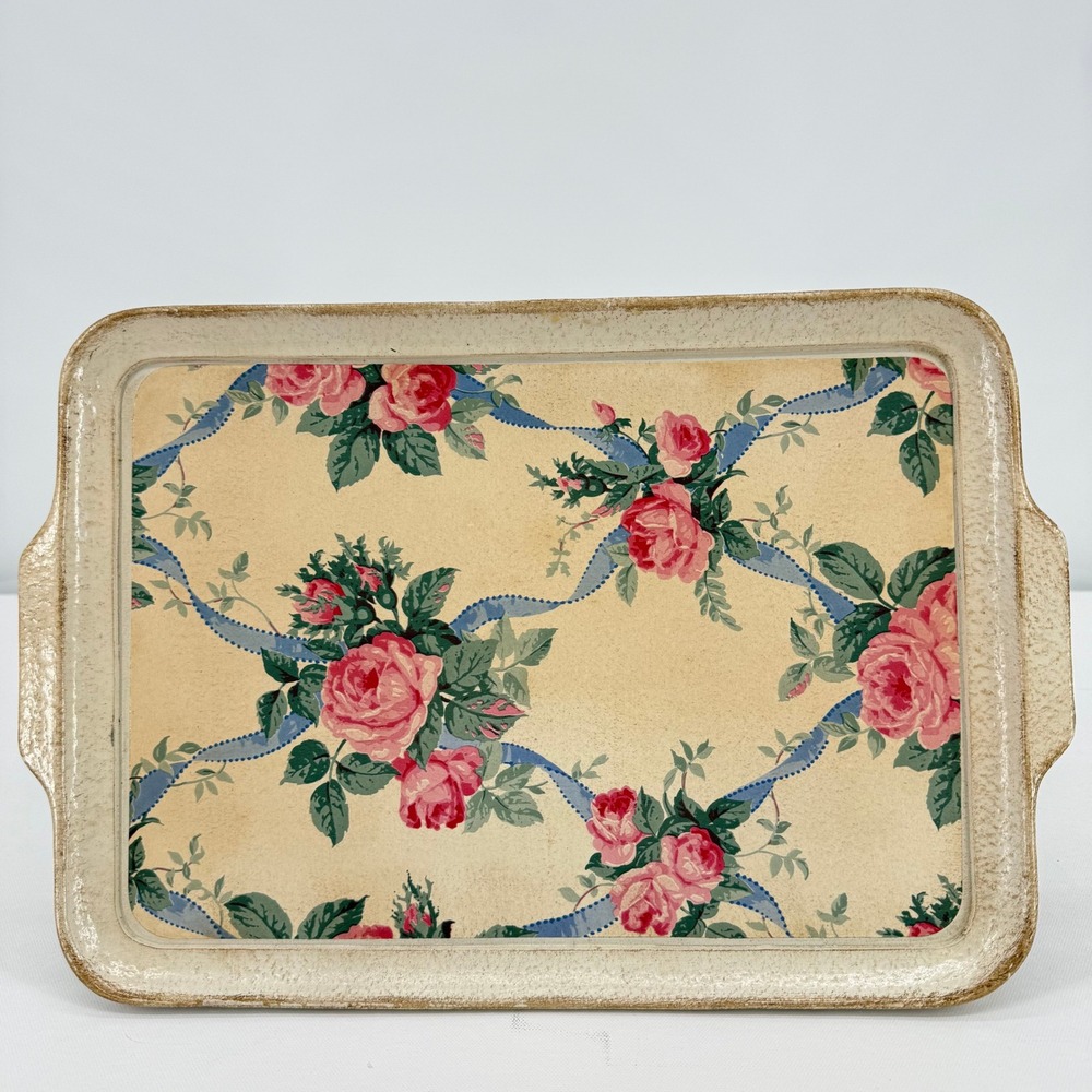 Vintage Sezzatini Hand Painted Italy Floral Serving Tray Cottage Rose Design